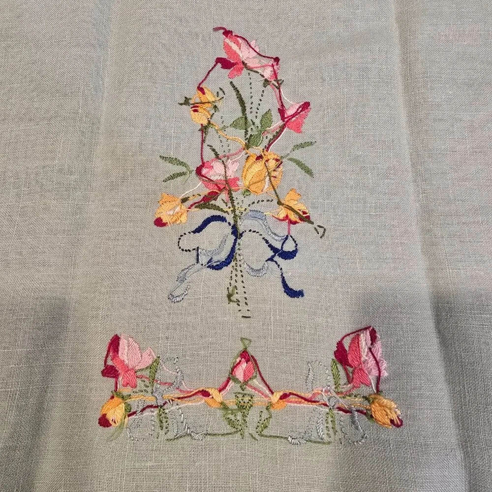 Hand Towel Blue-Green Linen Rose Bouquet Ribbons Embroidery 1950s MCM Vintage
